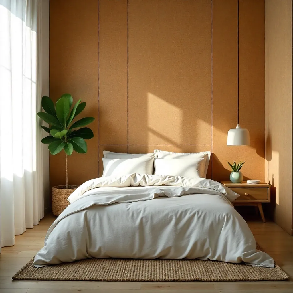 Bedroom with linen bedding and wool rugs
