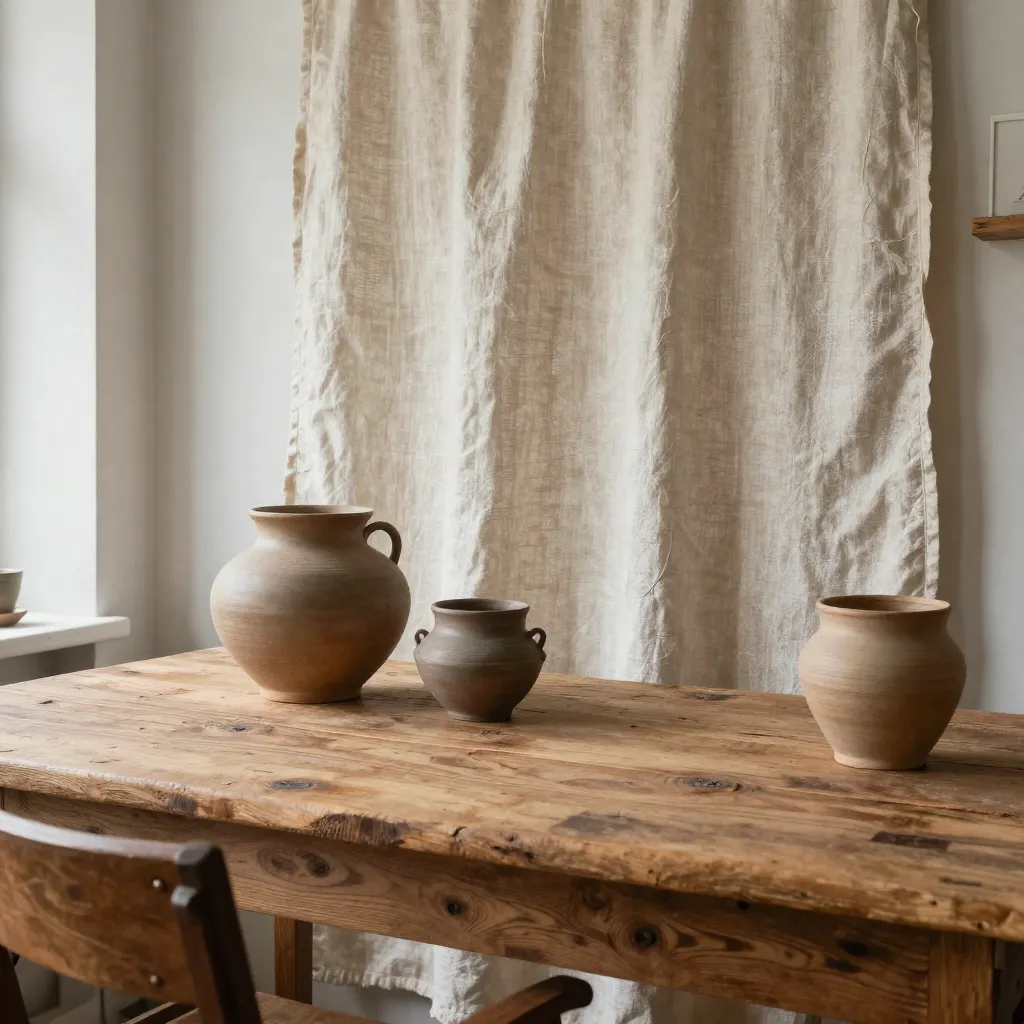 Living room with wooden furniture and stone décor